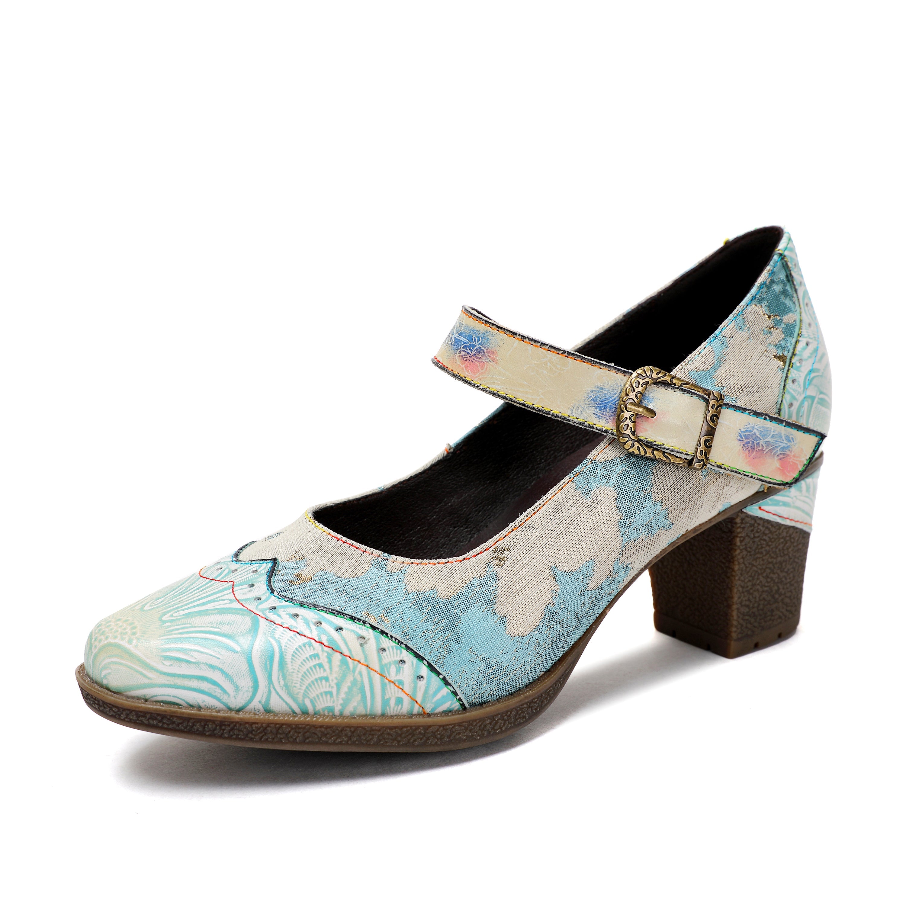 Lady's Heels Handmade Shoes Wedding Party Elegant Vintage Leather Buckle Light Blue Pumps