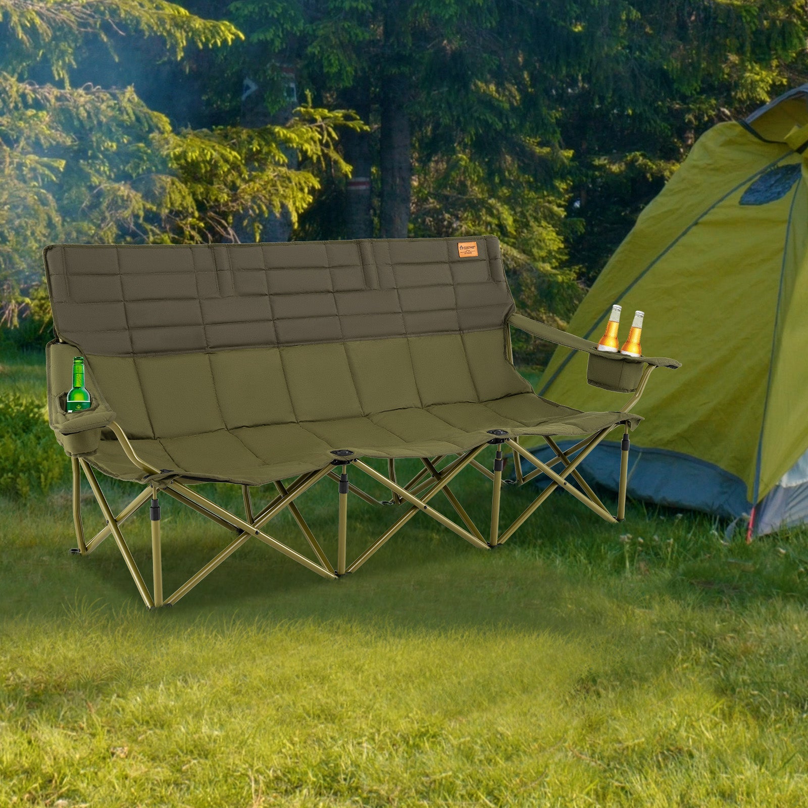 3 Person Folding Camping Chair with 2 Cup Holders Cotton Padding & Storage Bag