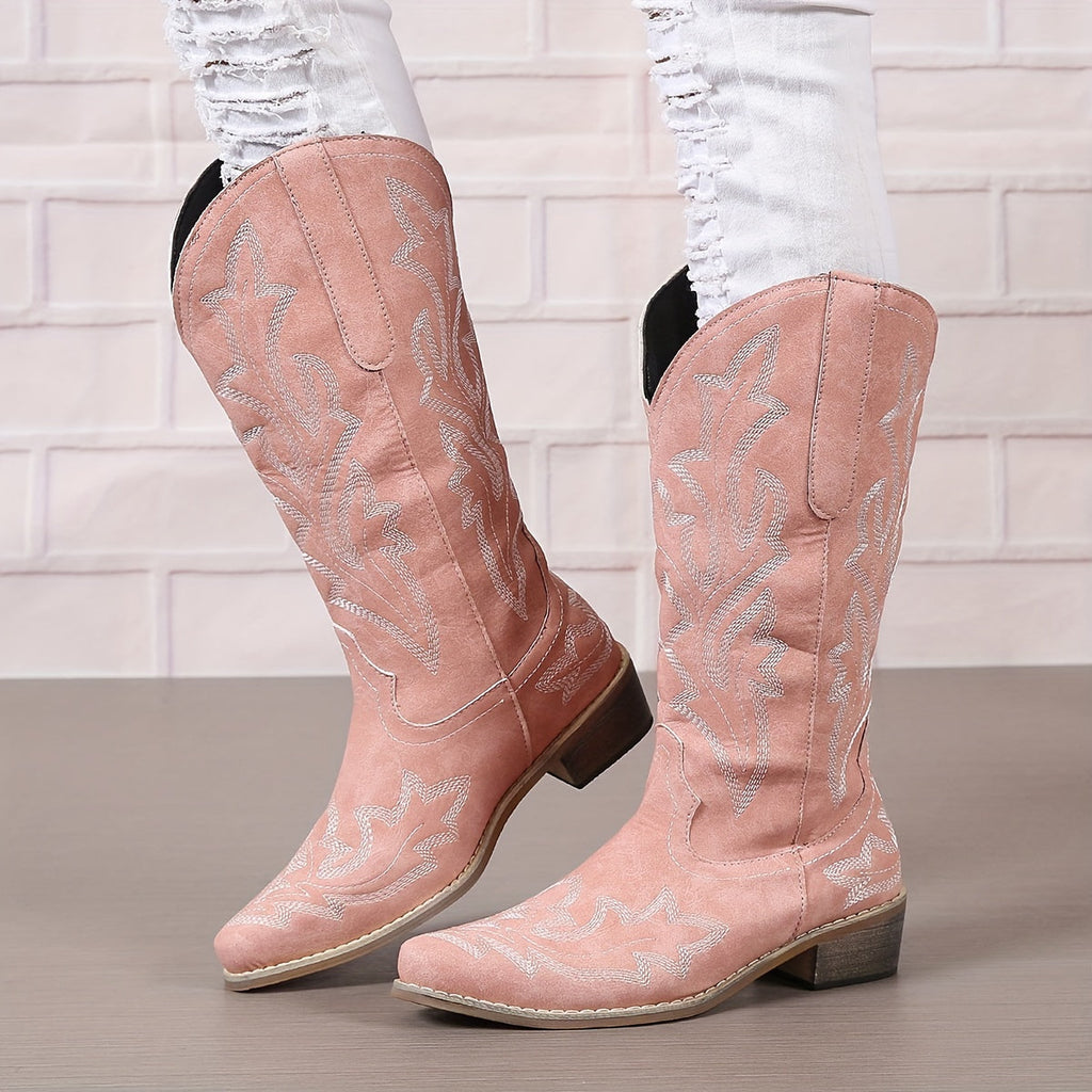 Mid Calf Women's V-cut Embroidery Western Cowgirl Boots