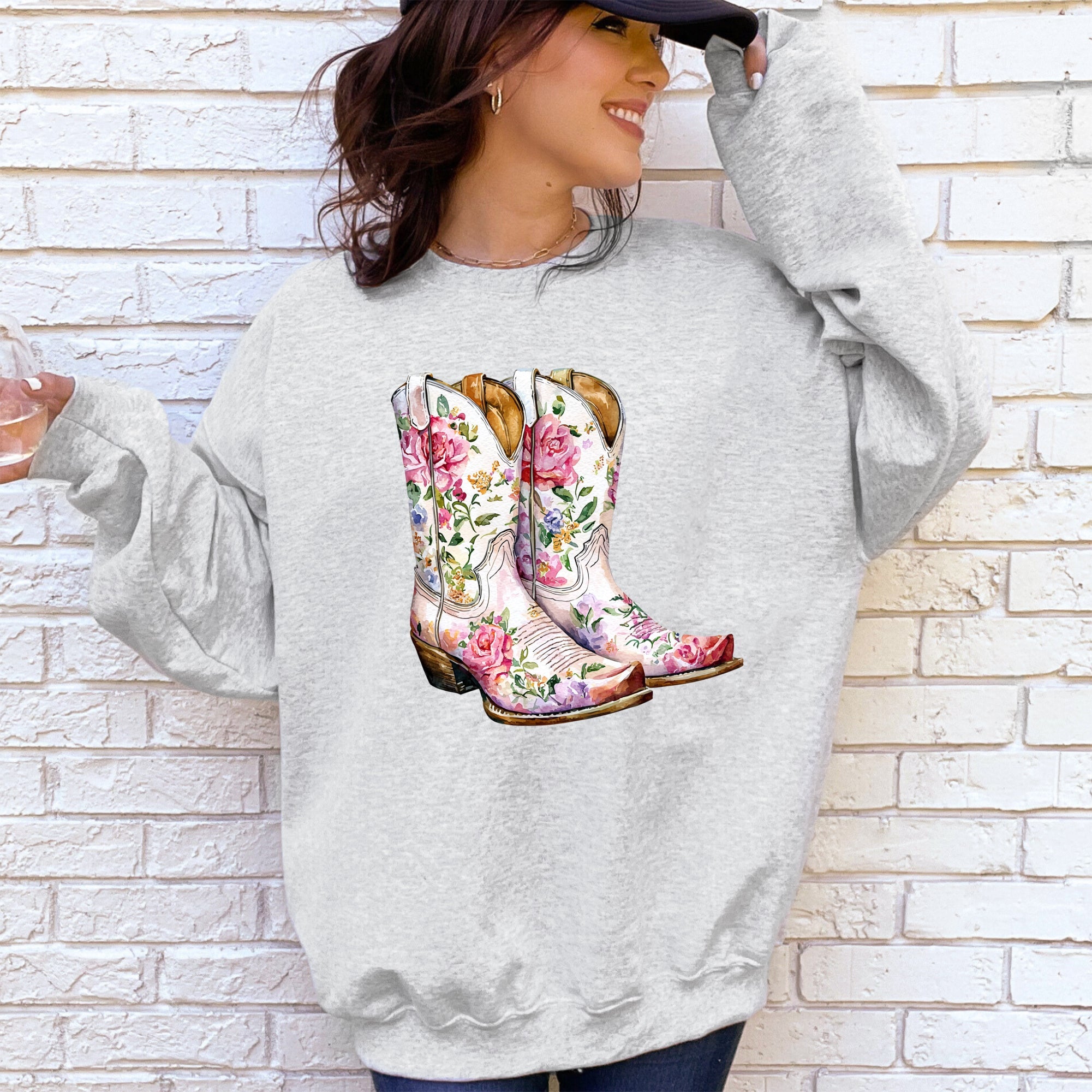 Cowgirl Boots, Pink, Floral, Colorful, Western, Country Sweatshirt