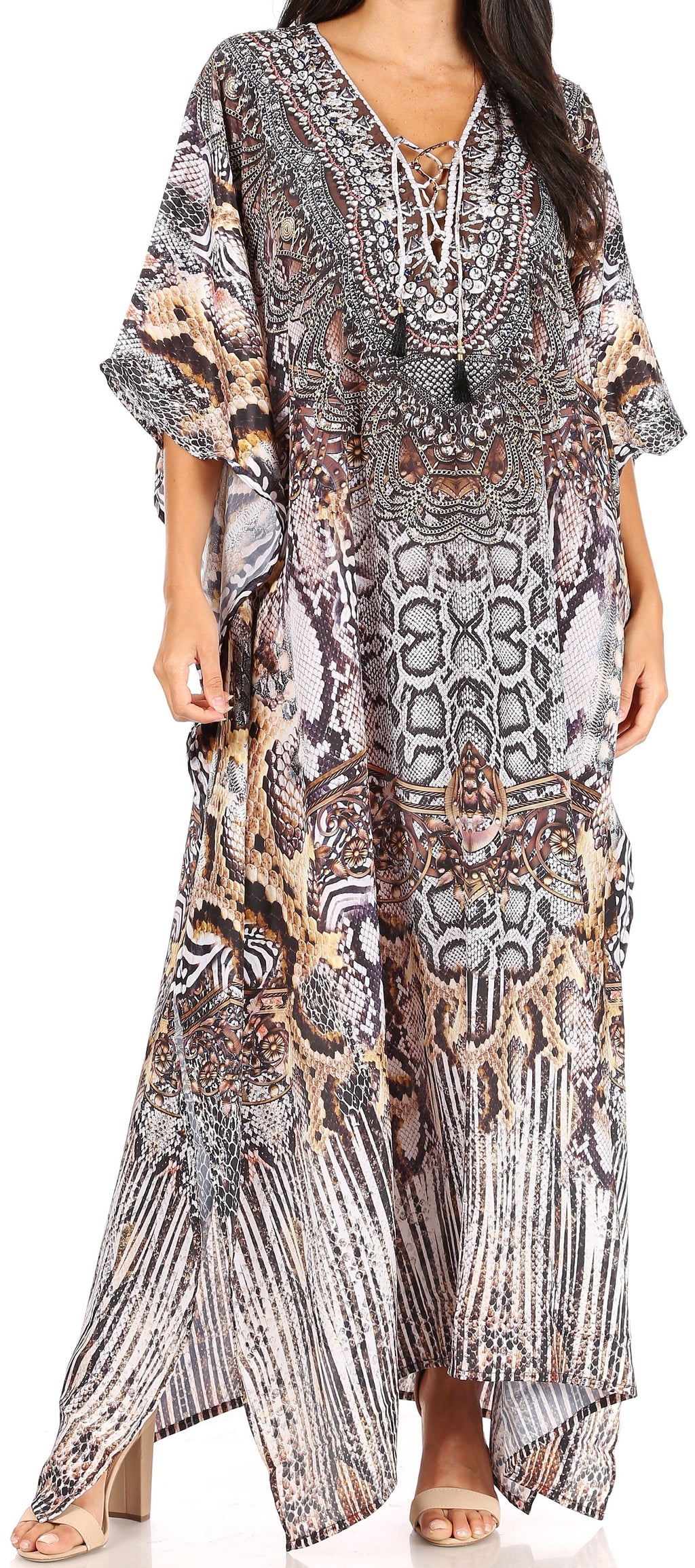 Sakkas Yeni Women's Short Sleeve V-neck Summer Floral Long Caftan Dress Cover-up
