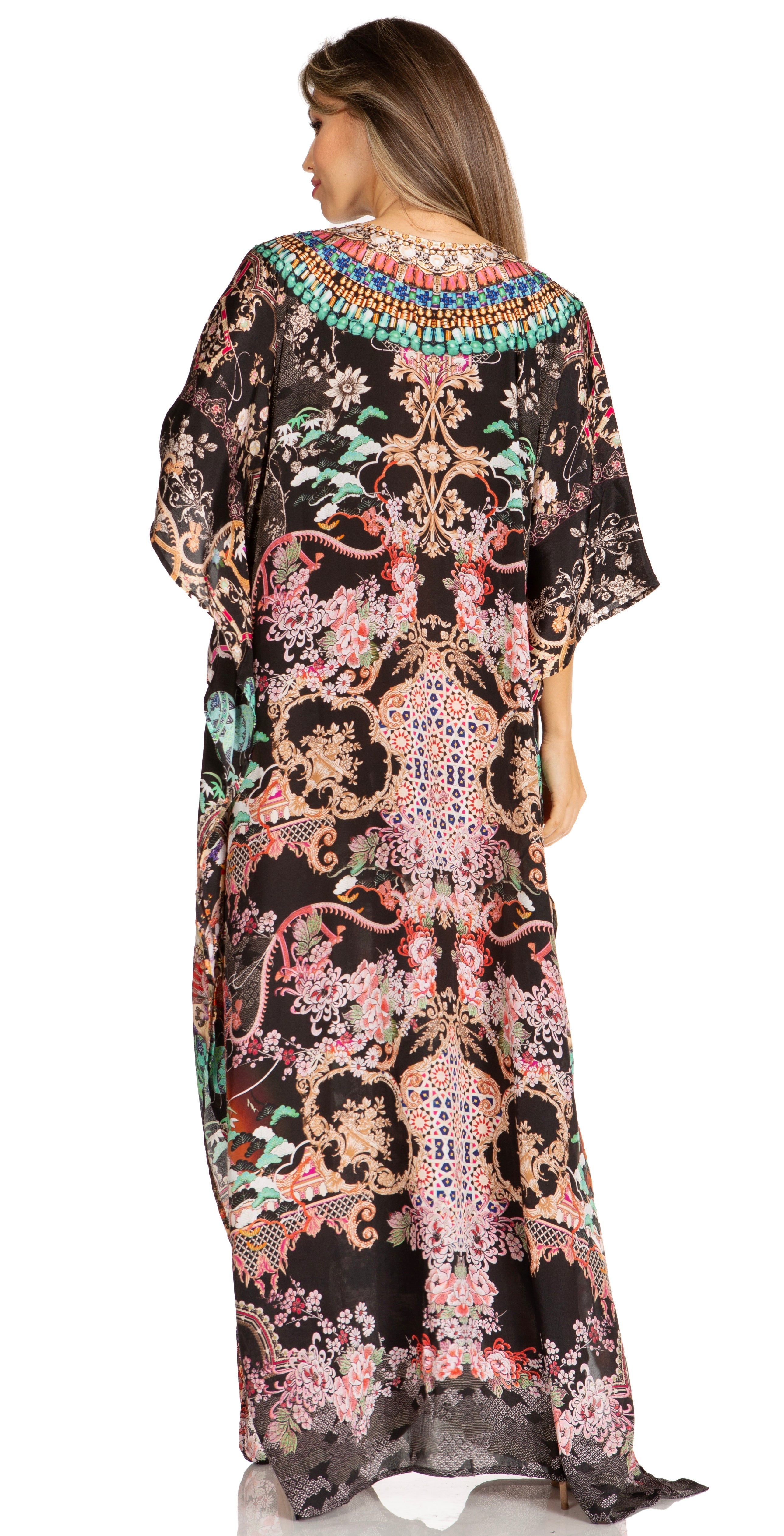 Sakkas Yeni Women's Short Sleeve V-neck Summer Floral Long Caftan Dress Cover-up